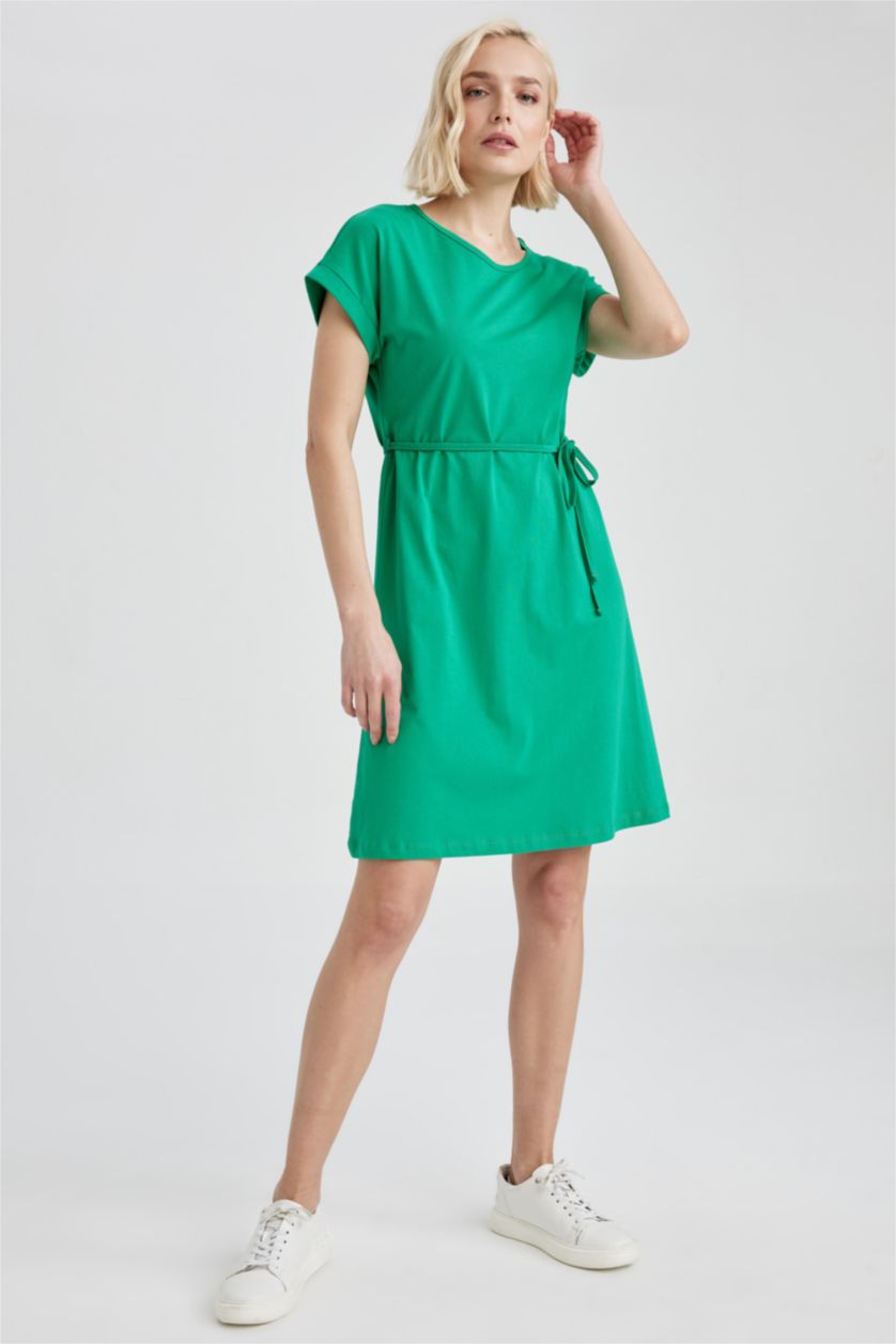 FEMME Vert Robe En Maille À Manches Courtes Très court Col arrondi