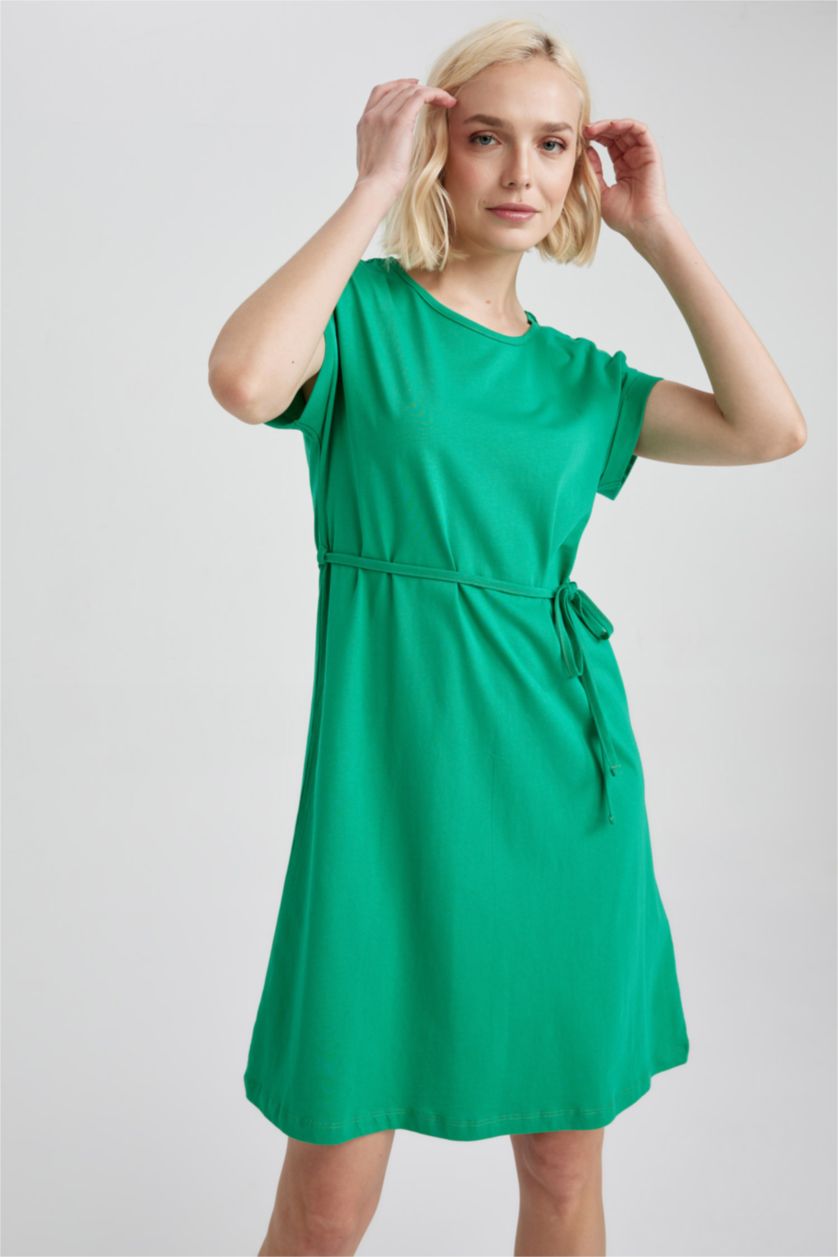 FEMME Vert Robe En Maille À Manches Courtes Très court Col arrondi