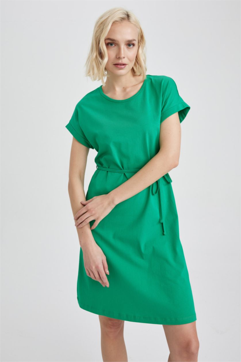 FEMME Vert Robe En Maille À Manches Courtes Très court Col arrondi