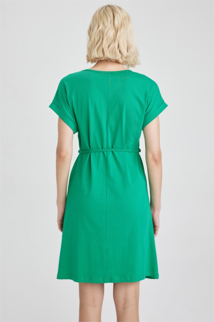 FEMME Vert Robe En Maille À Manches Courtes Très court Col arrondi