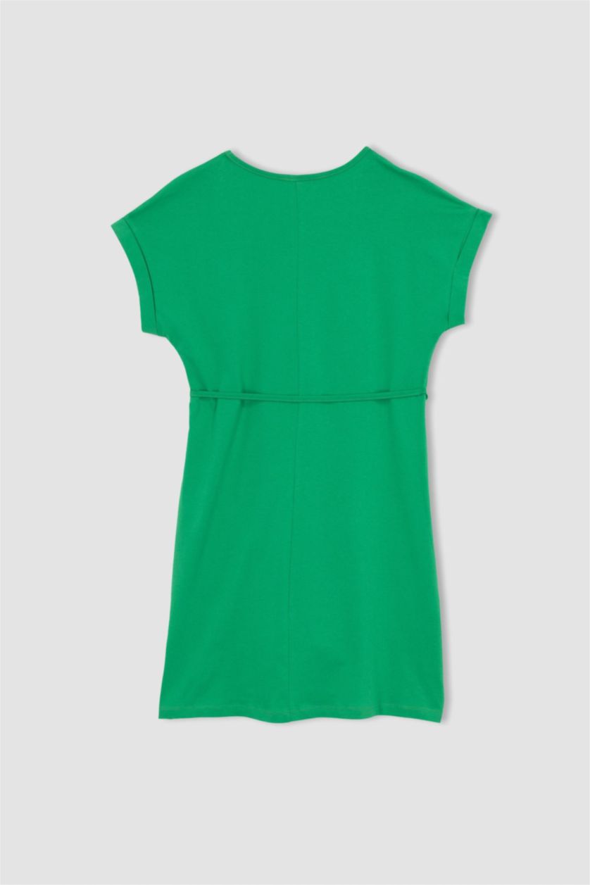 FEMME Vert Robe En Maille À Manches Courtes Très court Col arrondi