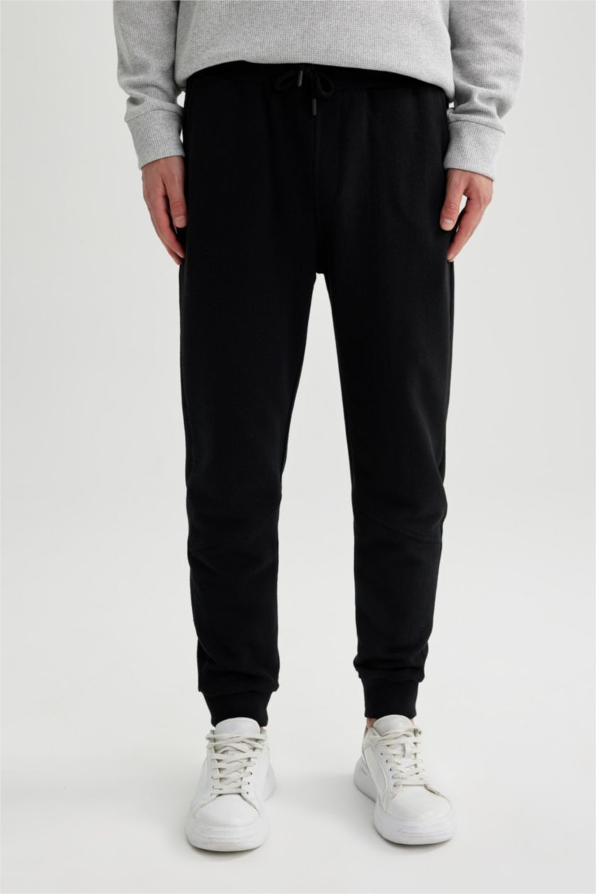 MAN Black Slim Fit Rib Hem With Pockets Pique Trousers