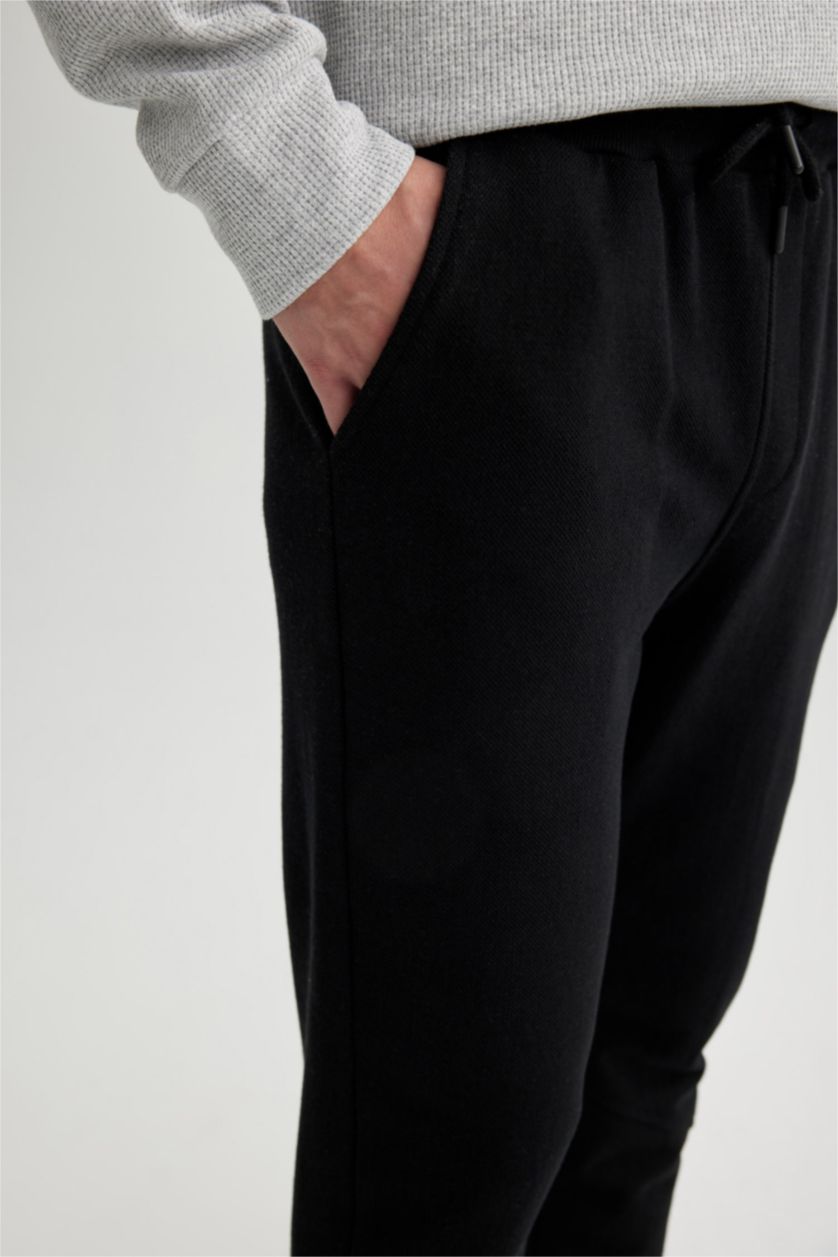 MAN Black Slim Fit Rib Hem With Pockets Pique Trousers
