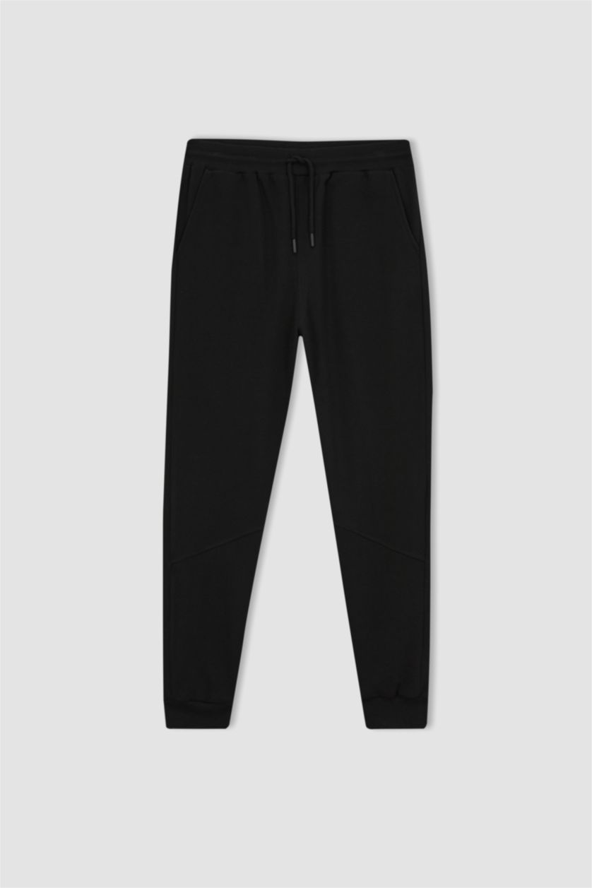 MAN Black Slim Fit Rib Hem With Pockets Pique Trousers