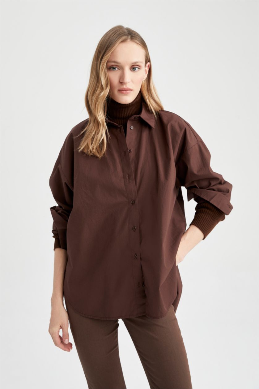 FEMME Marron Chemises à manches longues Popeline Col De Chemise