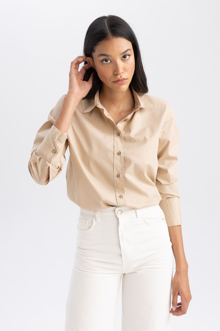 Kadın Kum %100 Pamuk Oversize Geniş Kalıp Poplin Uzun Kollu Gömlek