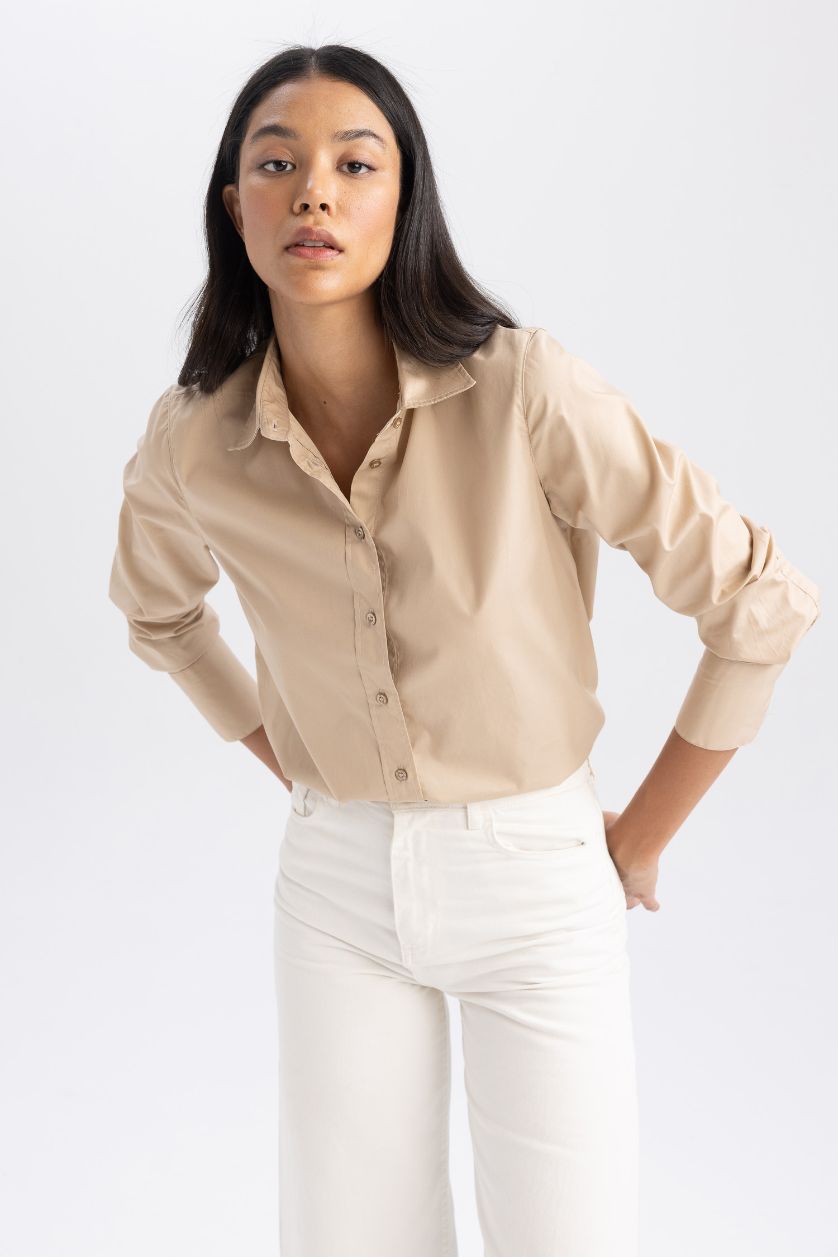 Kadın Kum %100 Pamuk Oversize Geniş Kalıp Poplin Uzun Kollu Gömlek