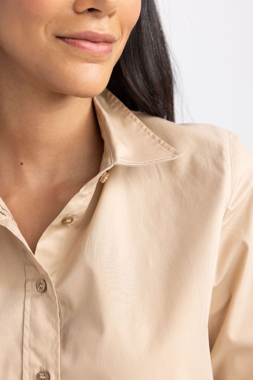 Kadın Kum %100 Pamuk Oversize Geniş Kalıp Poplin Uzun Kollu Gömlek