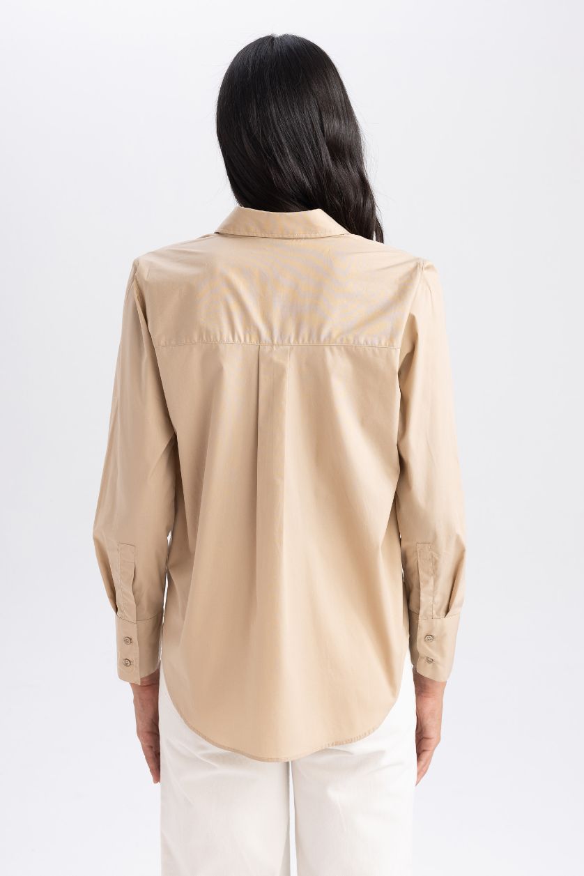 Kadın Kum %100 Pamuk Oversize Geniş Kalıp Poplin Uzun Kollu Gömlek