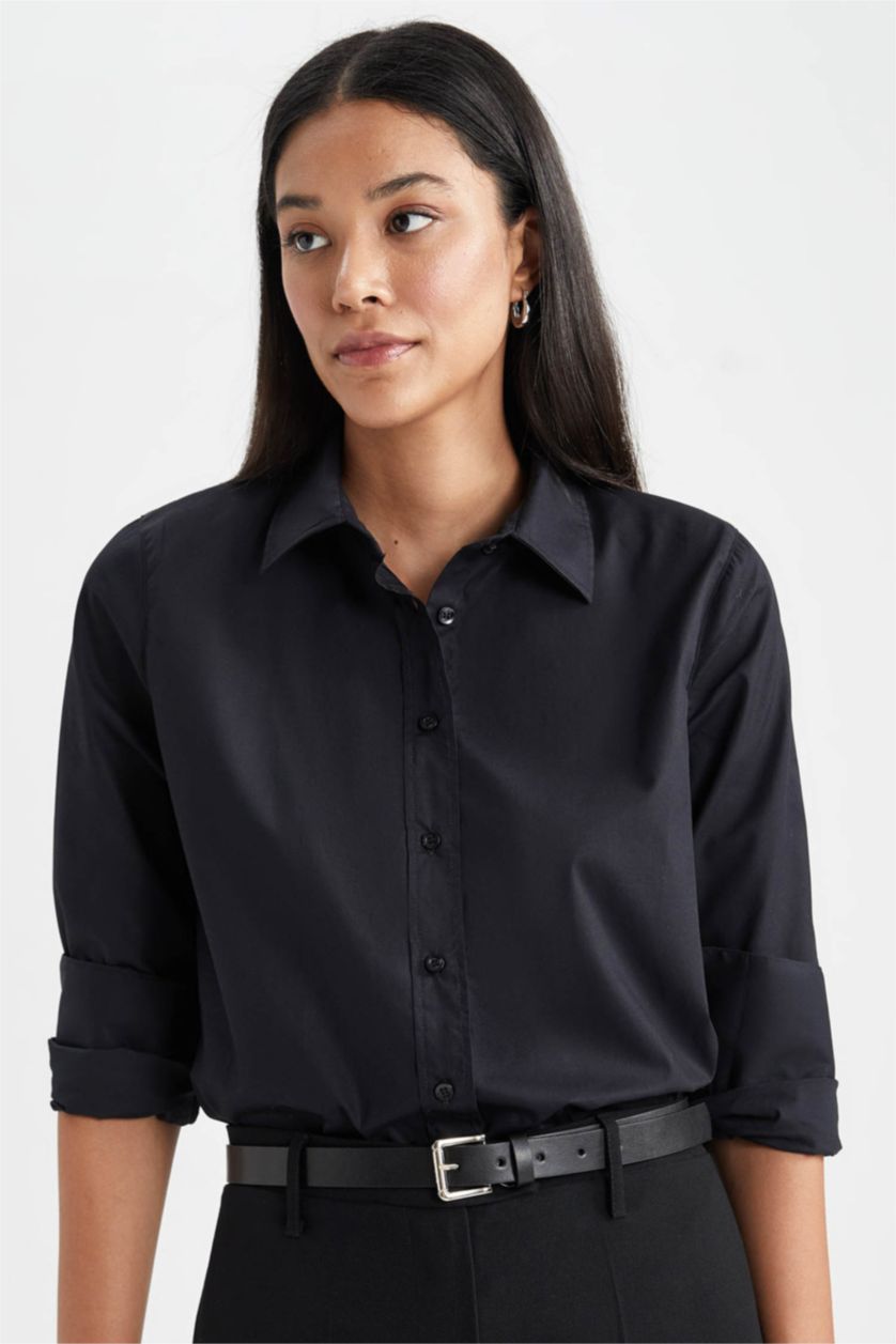 Женская Черный Рубашка оверсайз с длинным рукавом из 100% хлопка