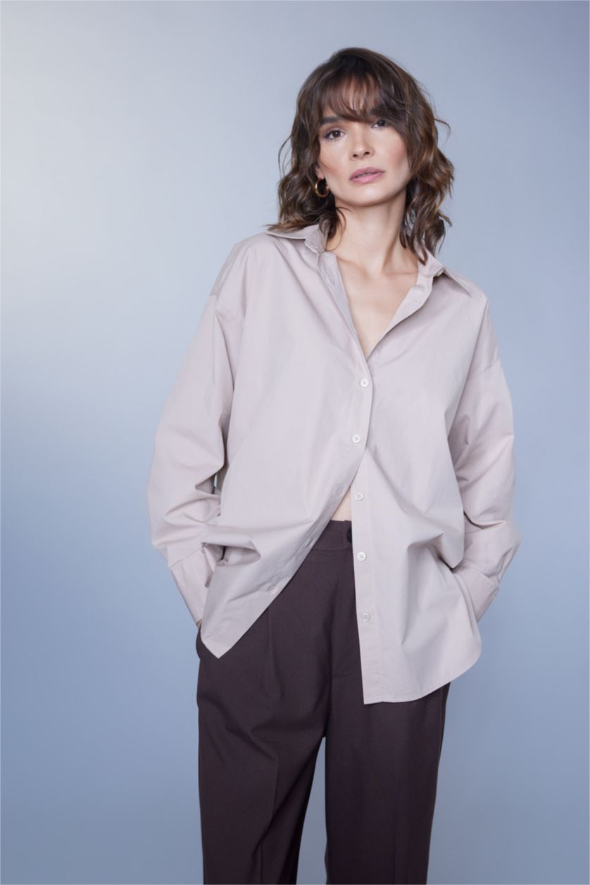 Женщины Слоновая кость Рубашка оверсайз с длинным рукавом из 100% хлопка