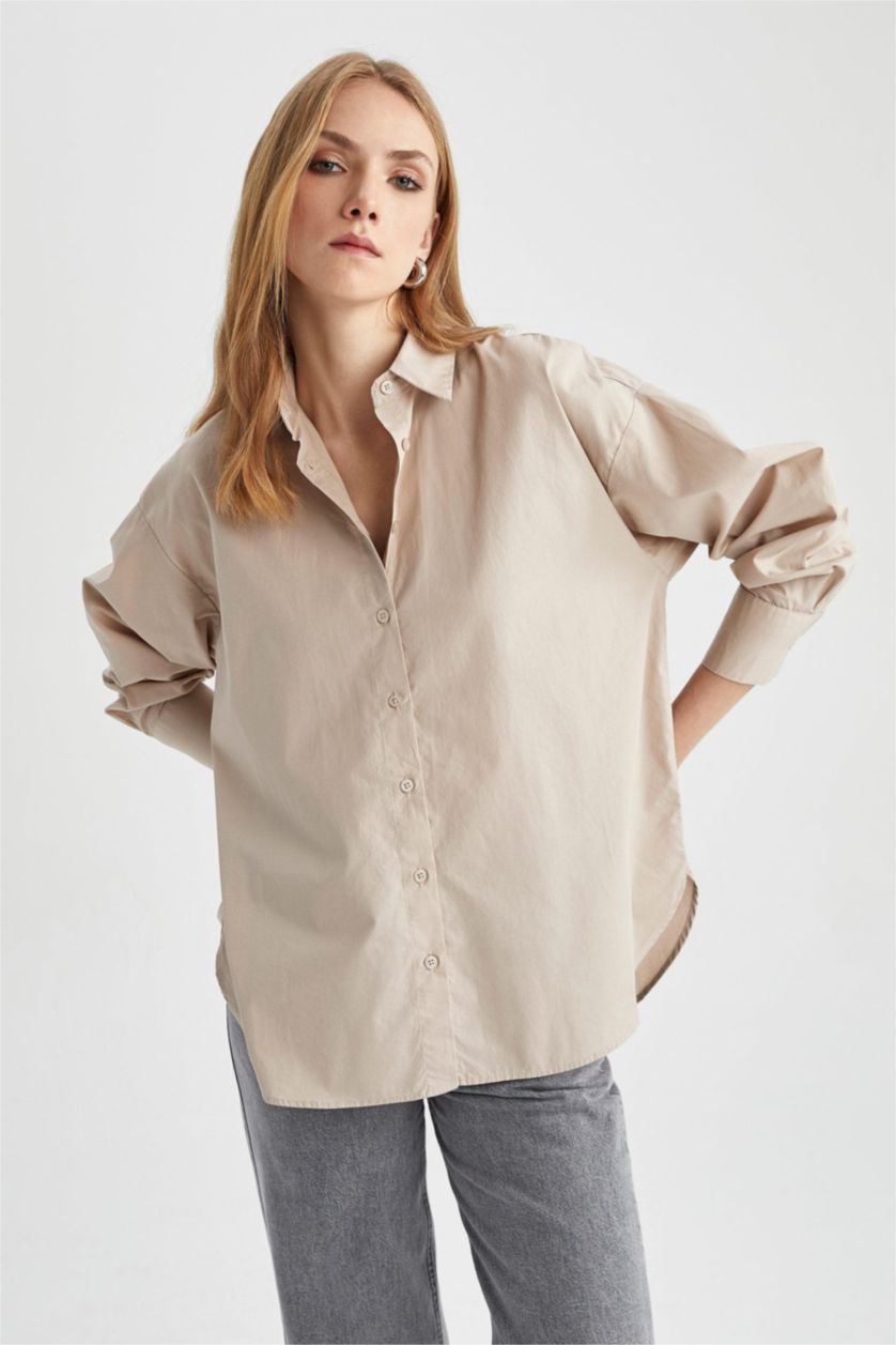 Женщины Слоновая кость Рубашка оверсайз с длинным рукавом из 100% хлопка