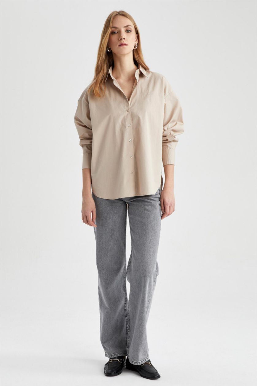 Женщины Слоновая кость Рубашка оверсайз с длинным рукавом из 100% хлопка