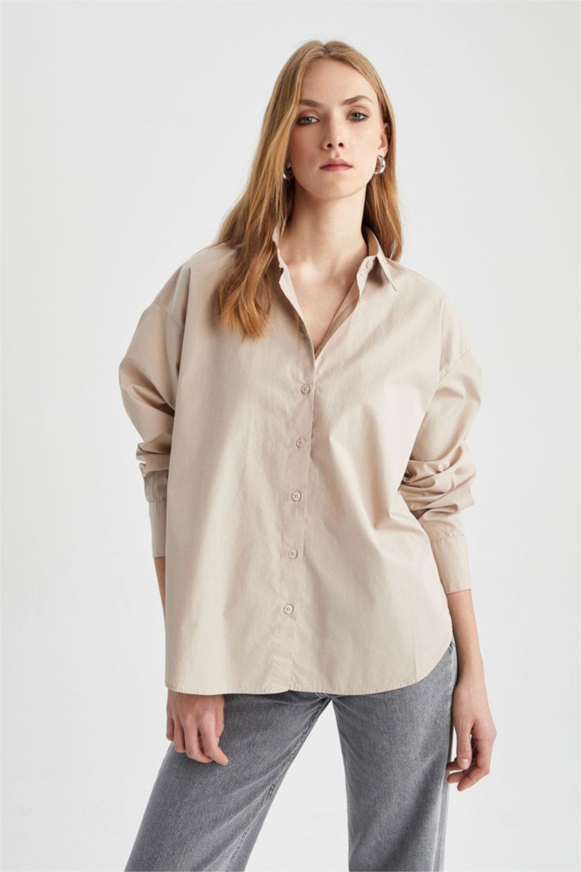 Женщины Слоновая кость Рубашка оверсайз с длинным рукавом из 100% хлопка