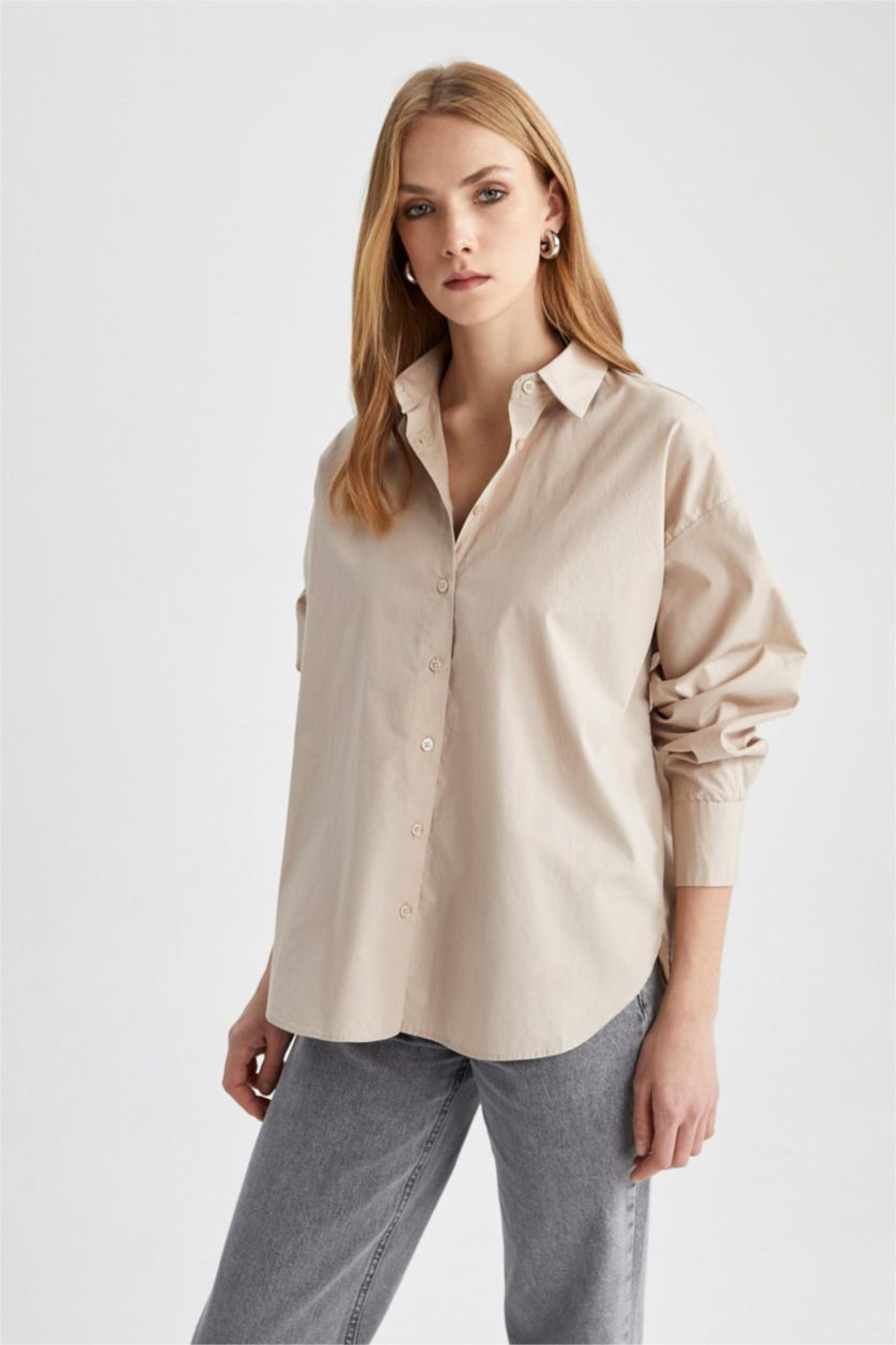 Женщины Слоновая кость Рубашка оверсайз с длинным рукавом из 100% хлопка