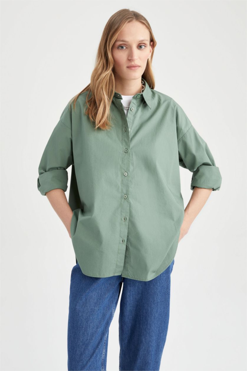 حريمي أخضر فاتح قميص بوبلين طويل الأكمام بياقة قميص اوفر سايز