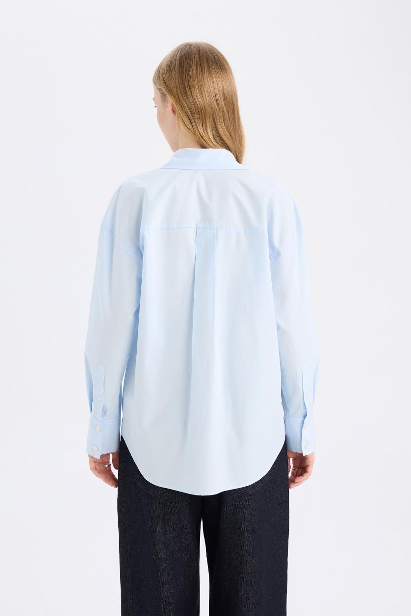 نساء أزرق فاتح قميص ردن طويل بوبلين اوفر سايز