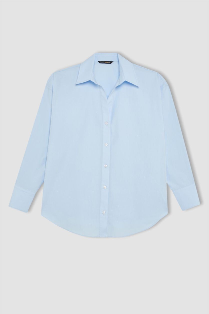 نساء أزرق فاتح قميص ردن طويل بوبلين اوفر سايز