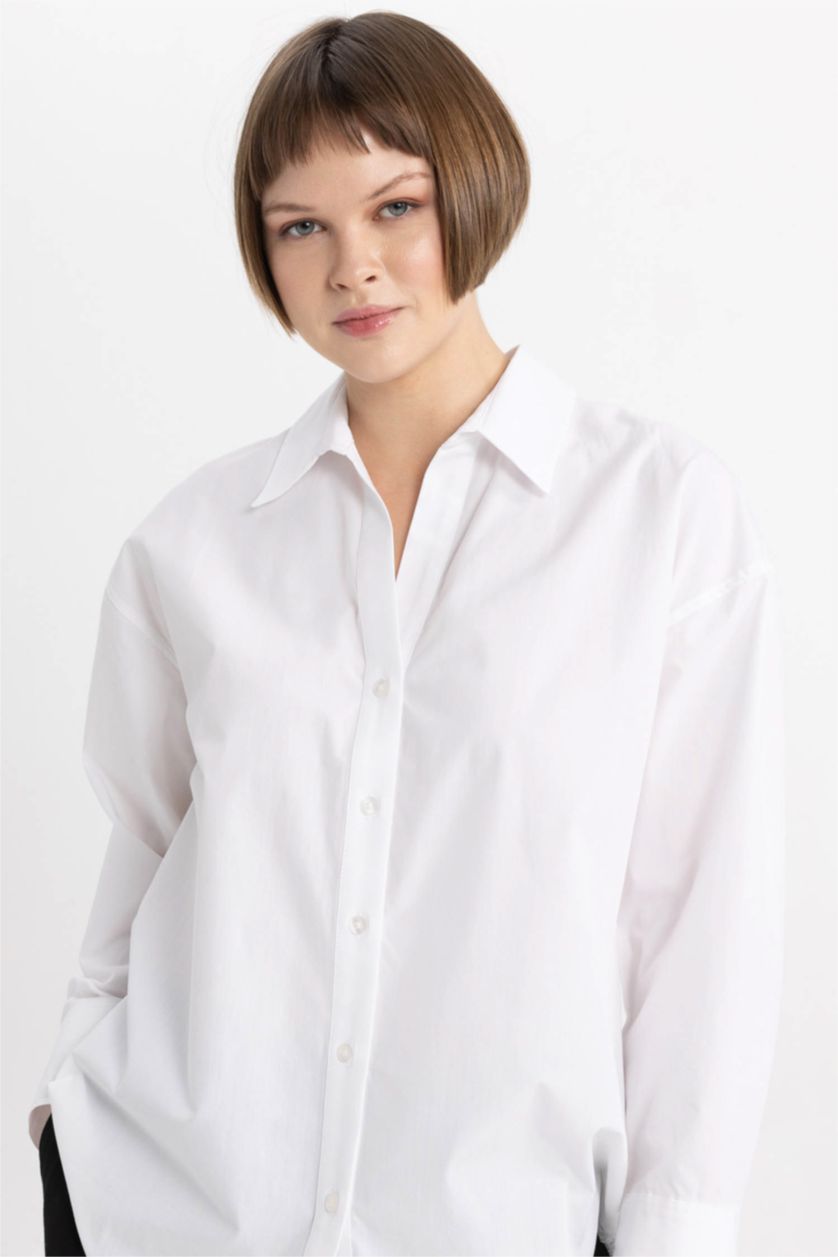 Женщины Белый Рубашка оверсайз с длинным рукавом из 100% хлопка