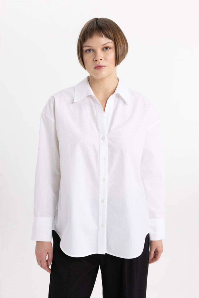 Женщины Белый Рубашка оверсайз с длинным рукавом из 100% хлопка