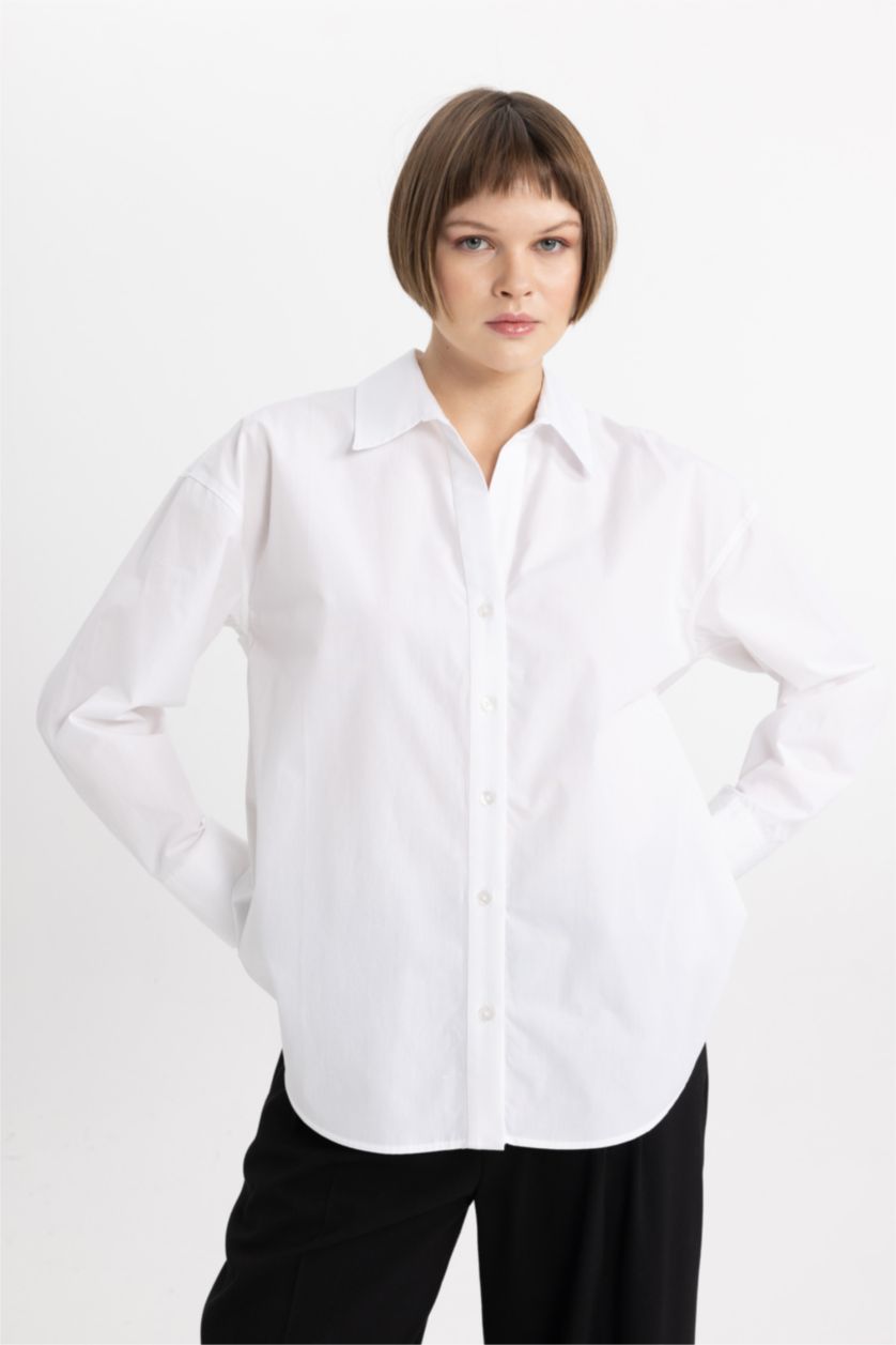 Женщины Белый Рубашка оверсайз с длинным рукавом из 100% хлопка