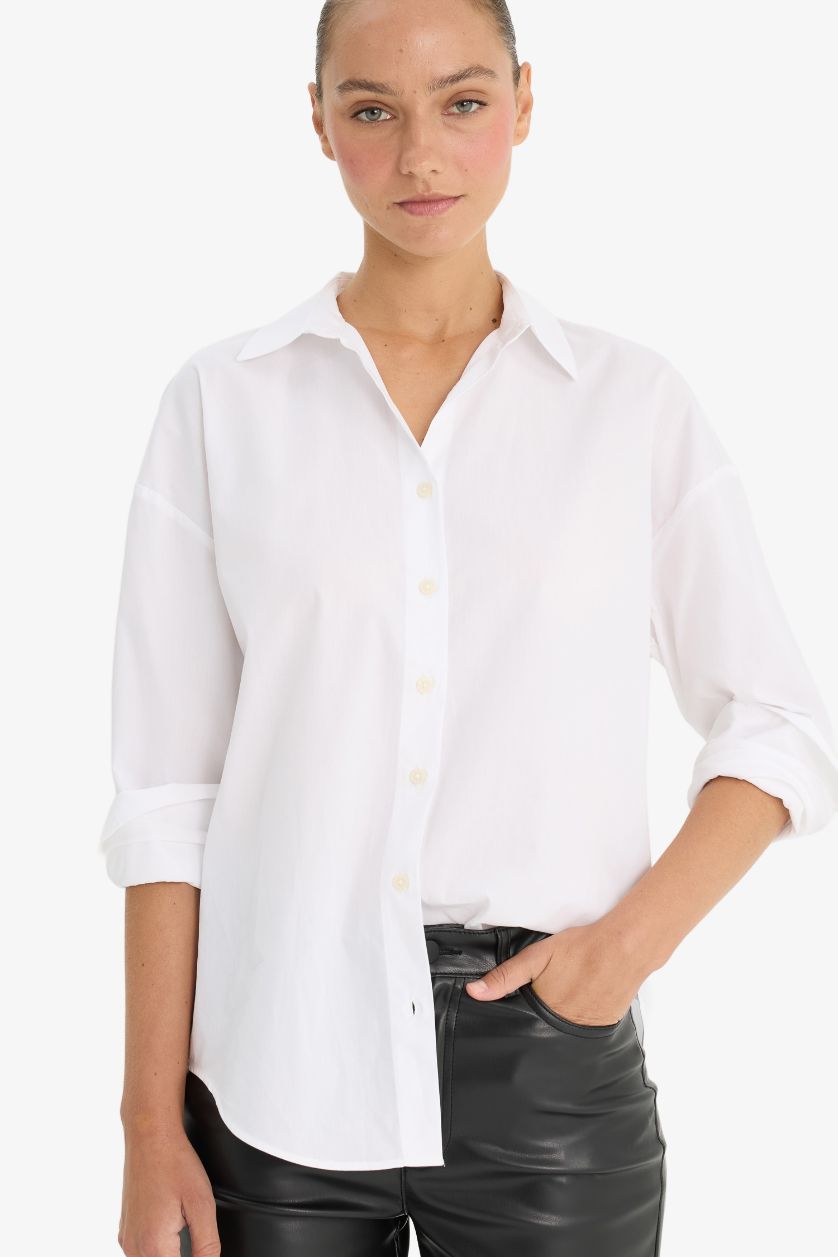 FEMME Blanc Chemise oversize unie en popeline à manches longues