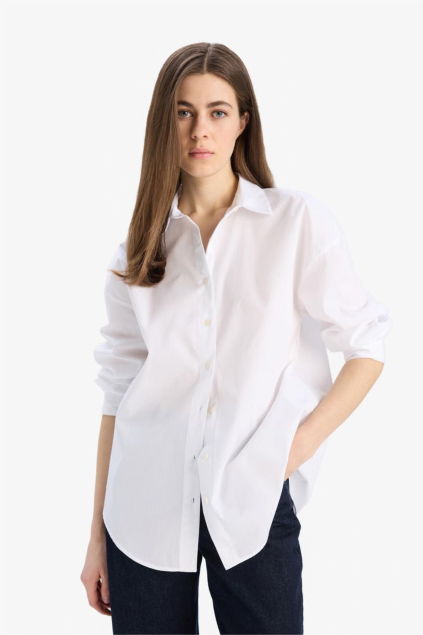 Woman White Oversize Fit Poplin Long Sleeve Shirt