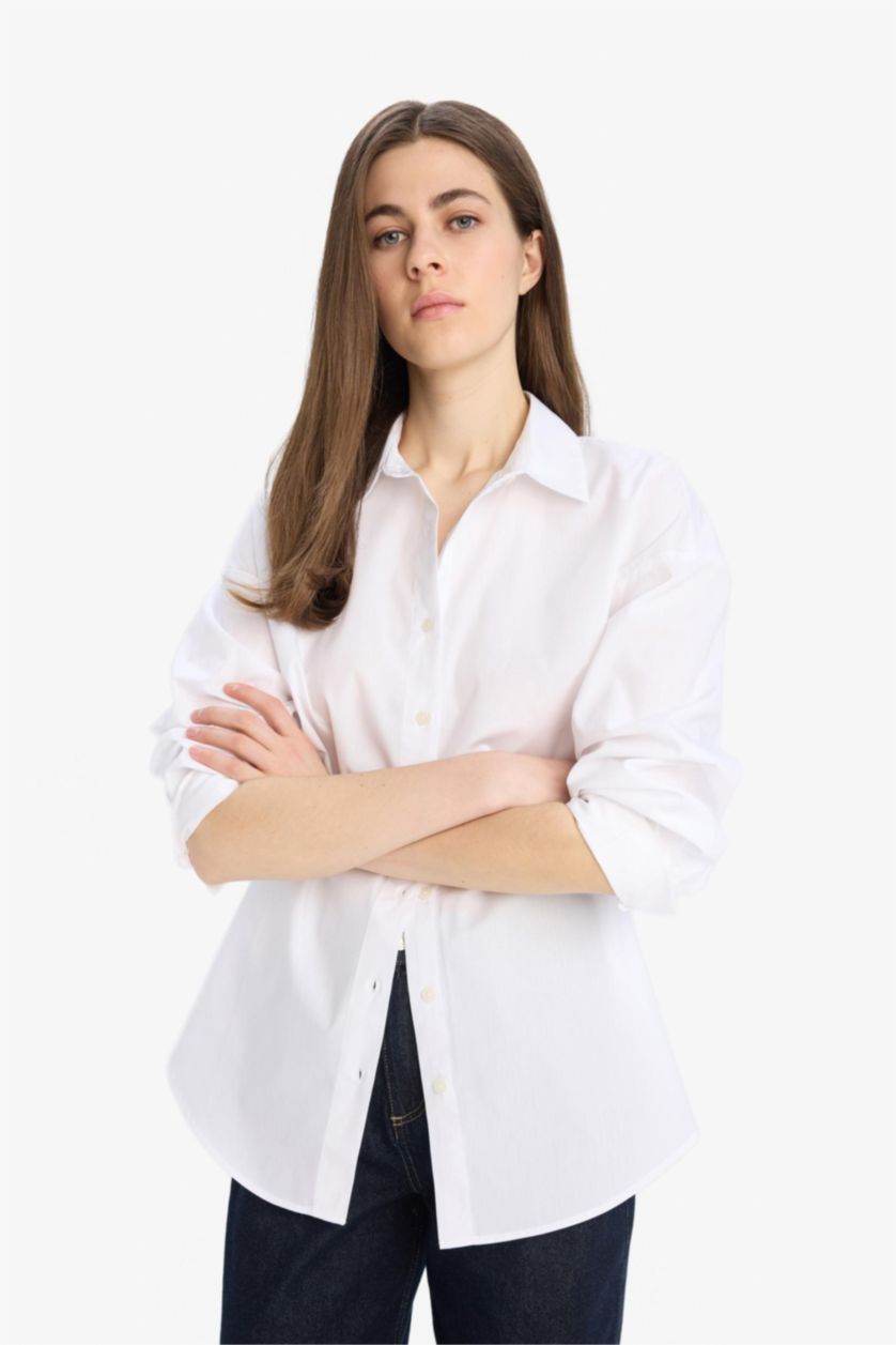 Woman White Oversize Fit Poplin Long Sleeve Shirt