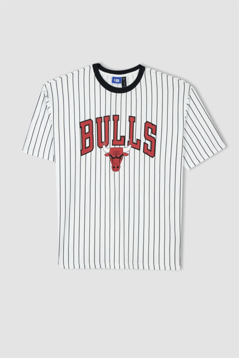 Erkek Beyaz DeFactoFit NBA Chicago Bulls Oversize Fit %100 Pamuk Tişört