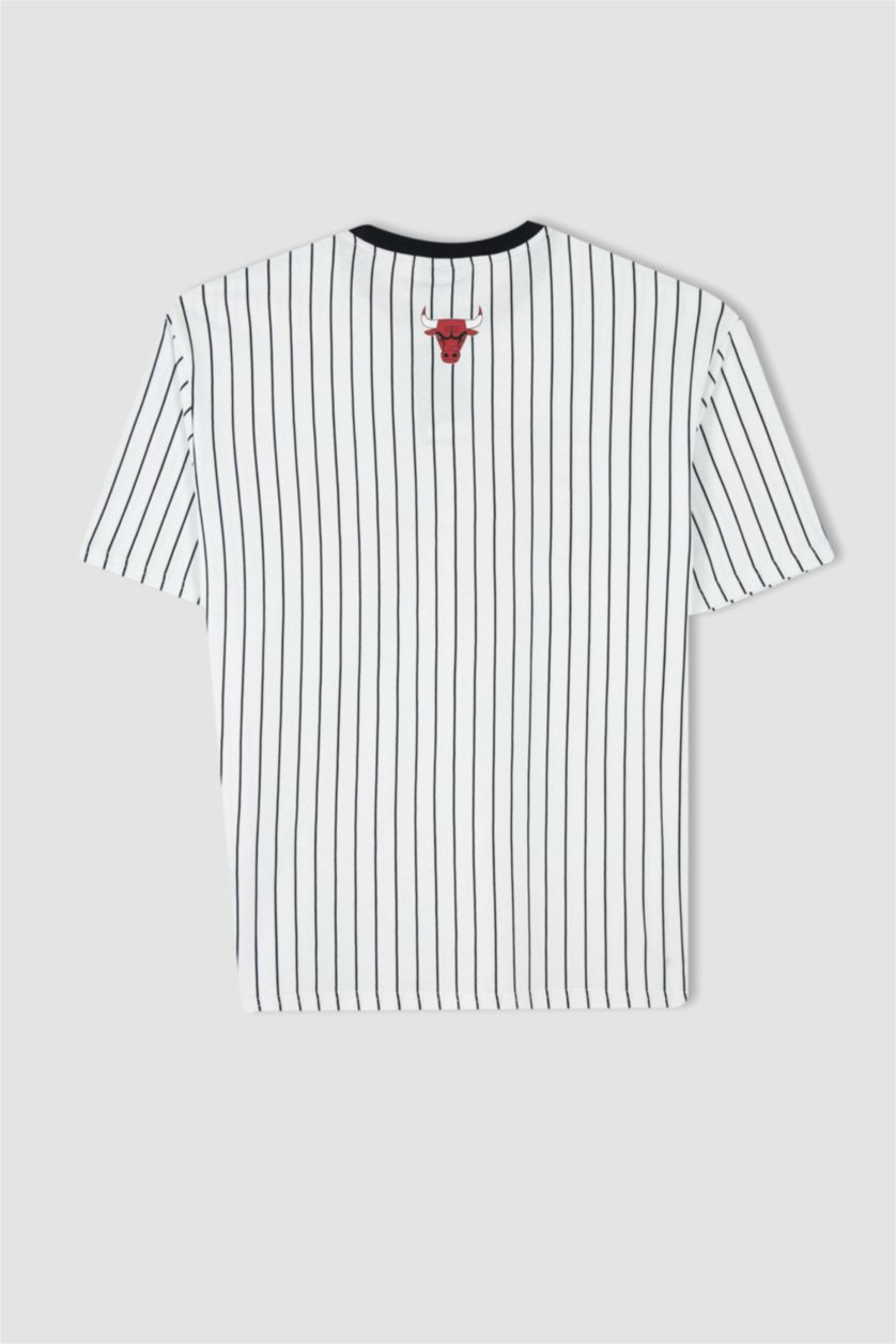 Erkek Beyaz DeFactoFit NBA Chicago Bulls Oversize Fit %100 Pamuk Tişört