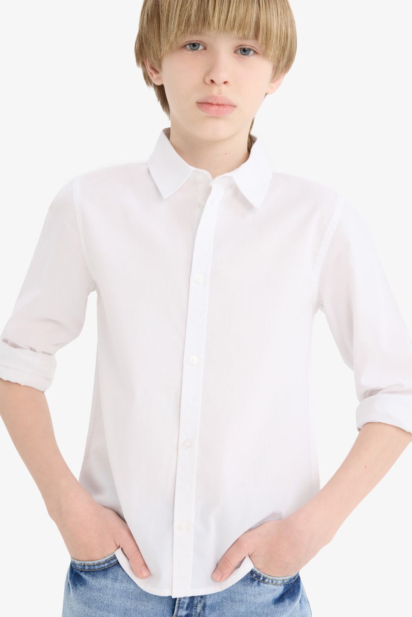 Erkek Çocuk - Genç Erkek Beyaz Polo Yaka Poplin Uzun Kollu Okul Gömleği Erkek Çocuk