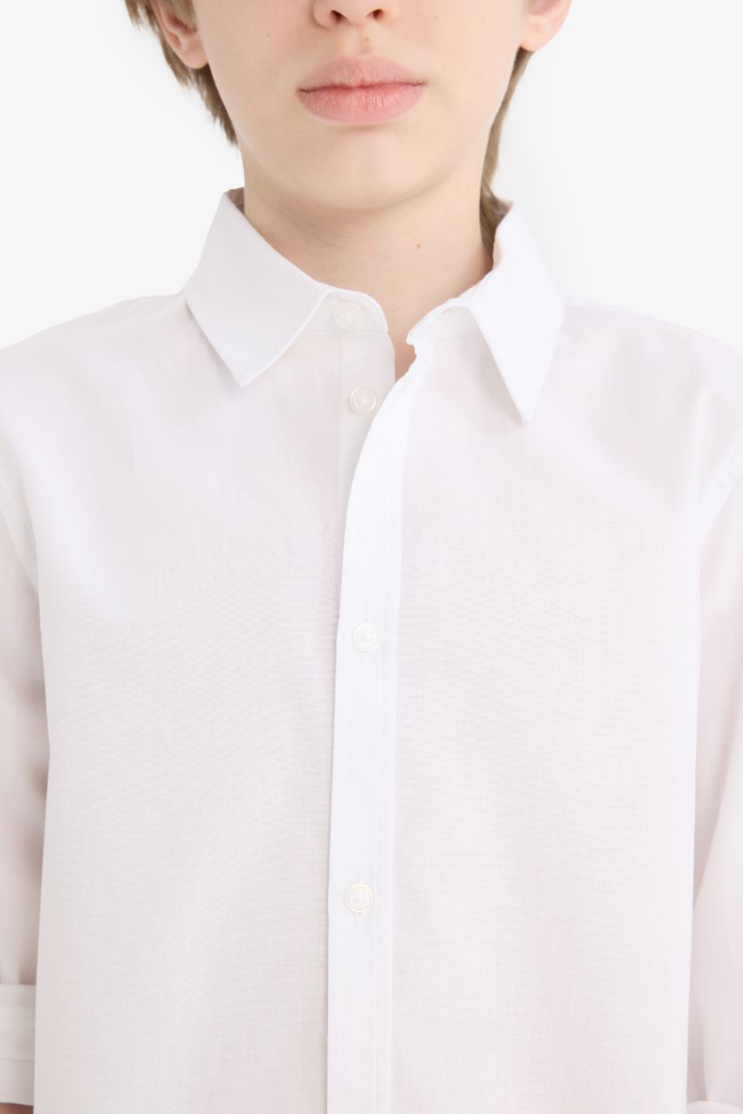 Erkek Çocuk - Genç Erkek Beyaz Polo Yaka Poplin Uzun Kollu Okul Gömleği Erkek Çocuk