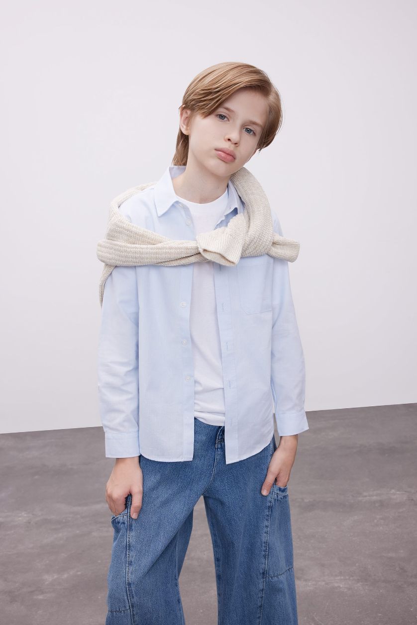 Erkek Çocuk - Genç Erkek Açık Mavi Polo Yaka Oxford Uzun Kollu Basic Düz Okul Gömleği Erkek Çocuk