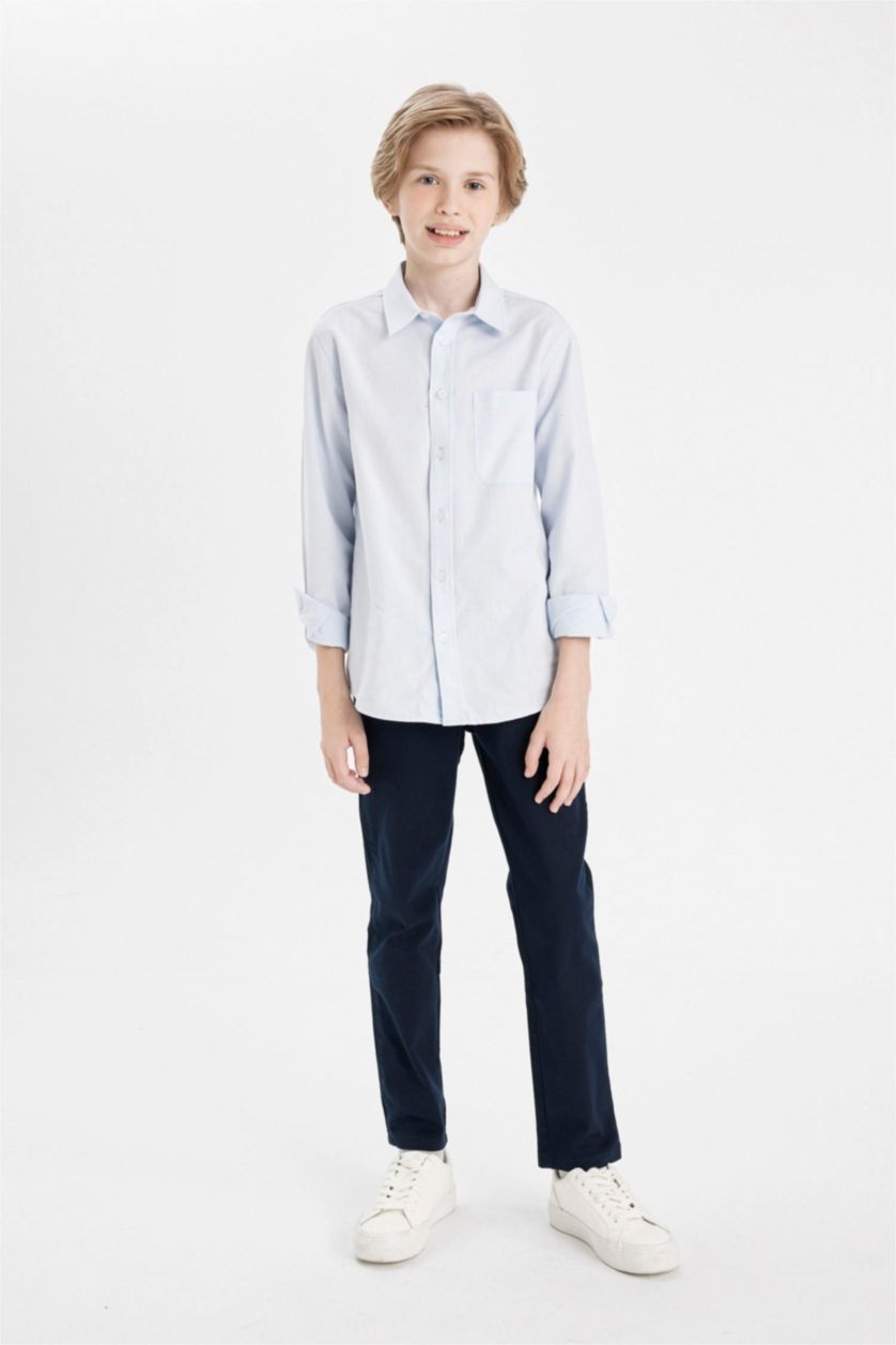 Erkek Çocuk - Genç Erkek Açık Mavi Polo Yaka Oxford Uzun Kollu Basic Düz Okul Gömleği Erkek Çocuk