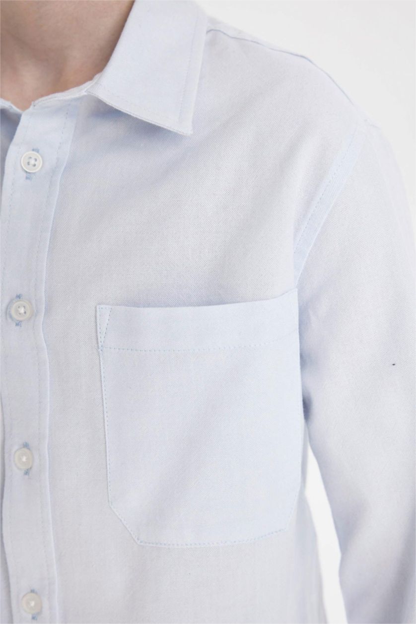 Erkek Çocuk - Genç Erkek Açık Mavi Polo Yaka Oxford Uzun Kollu Basic Düz Okul Gömleği Erkek Çocuk