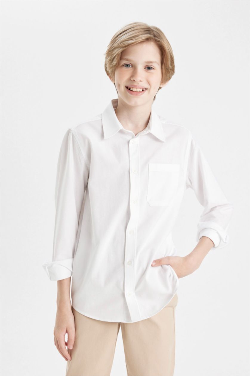 BOYS & TEENS White قميص كم طويل أوكسفورد قصة عادية
