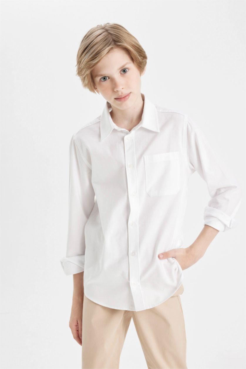BOYS & TEENS White قميص كم طويل أوكسفورد قصة عادية