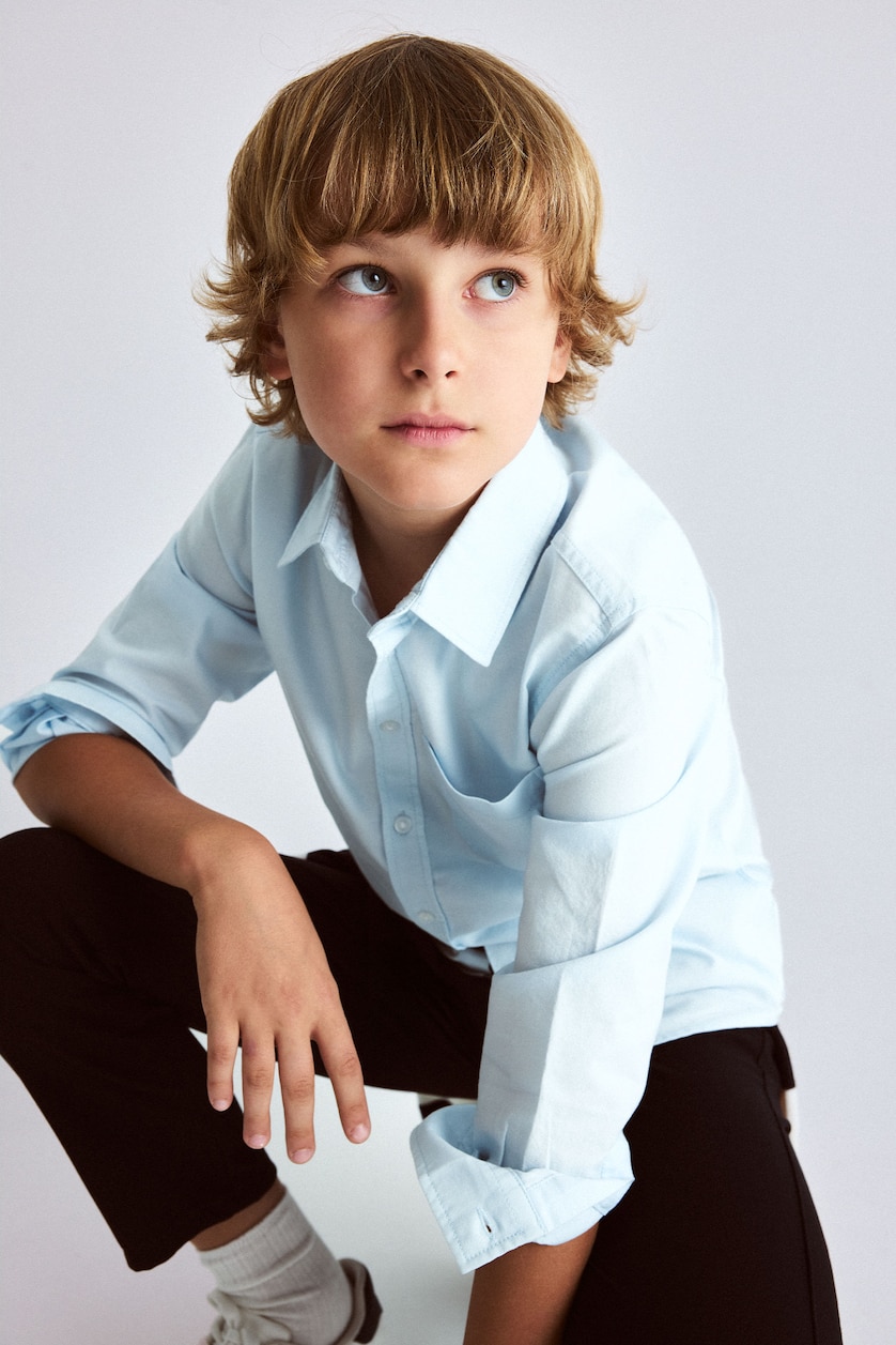 Boys & Teens Light Blue قميص ولادي ردن طويل أوكسفورد قصة عادية