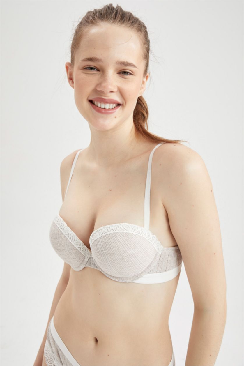 FEMME Beige Soutien-gorge push-up sans bretelles en dentelle de coton biologique
