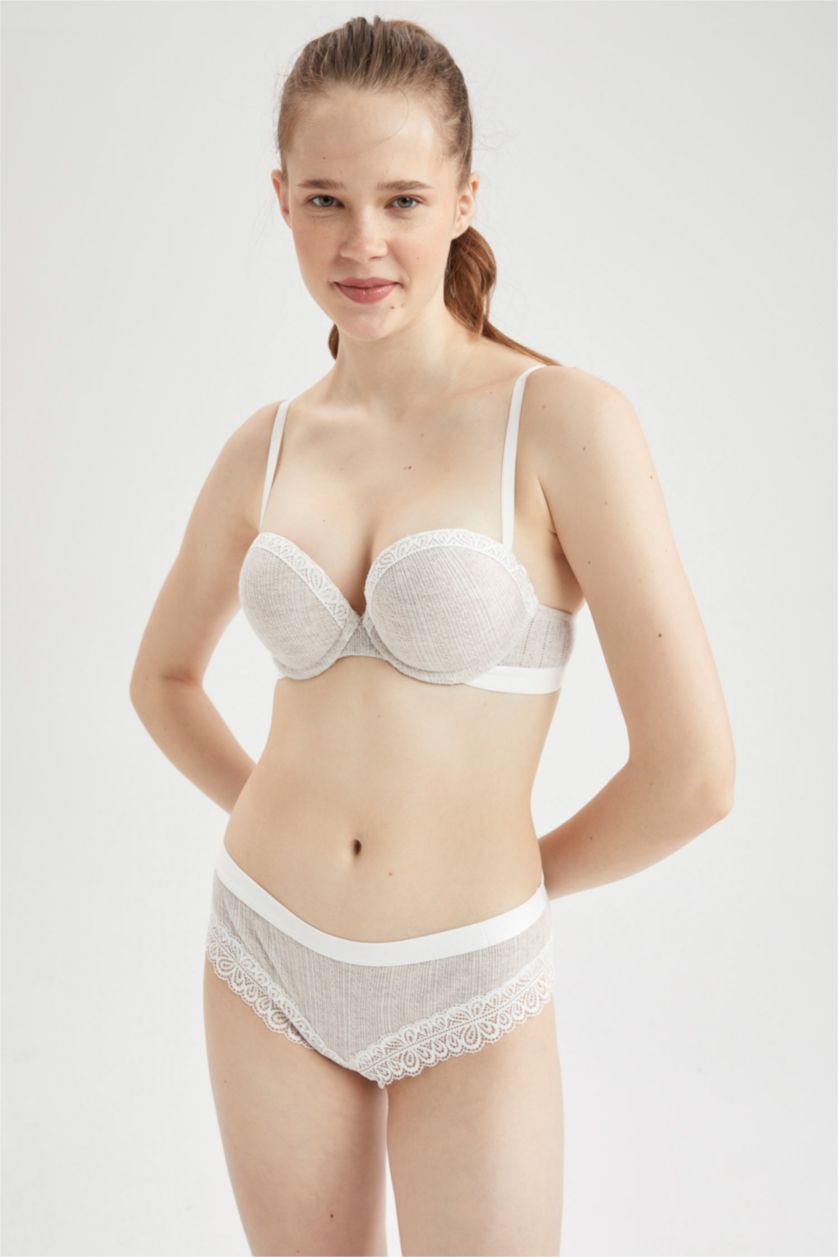 FEMME Beige Soutien-gorge push-up sans bretelles en dentelle de coton biologique