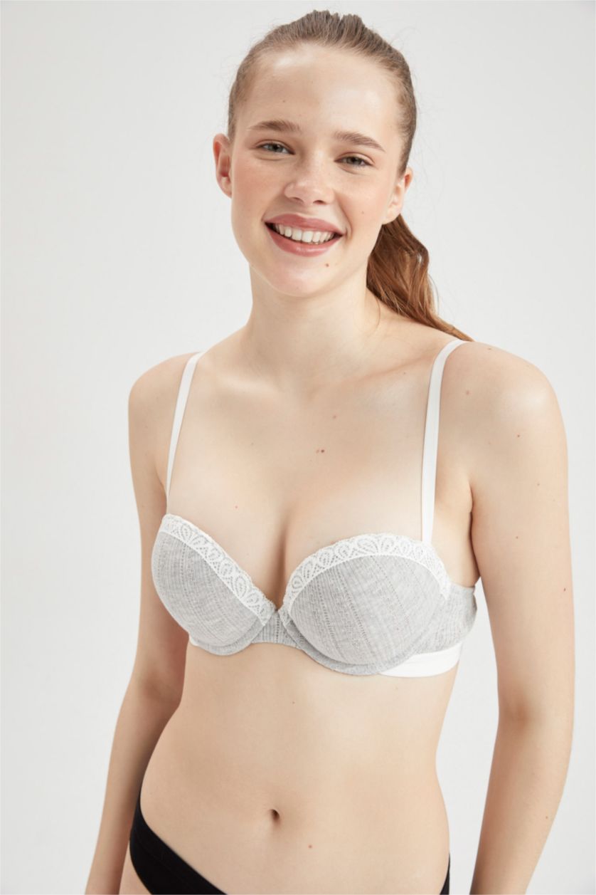 FEMME Gris Soutien-gorge push-up sans bretelles en dentelle de coton biologique