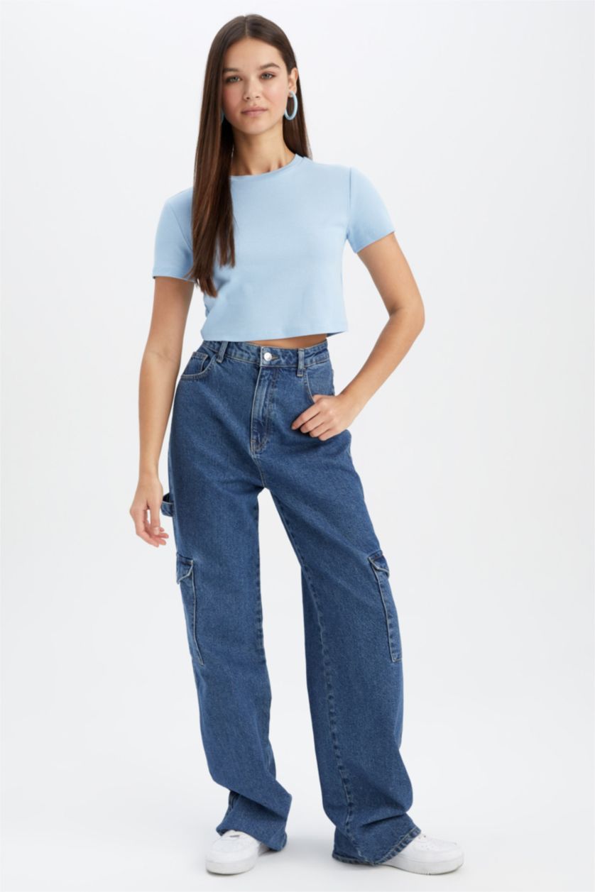 WOMAN Blue Slim Fit Ribana Short Sleeve T-Shirt