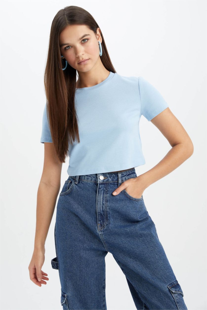 WOMAN Blue Slim Fit Ribana Short Sleeve T-Shirt