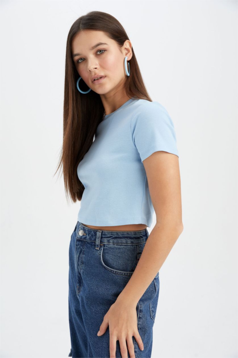 WOMAN Blue Slim Fit Ribana Short Sleeve T-Shirt