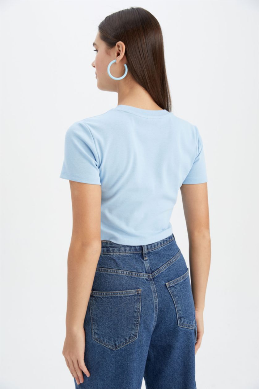 WOMAN Blue Slim Fit Ribana Short Sleeve T-Shirt