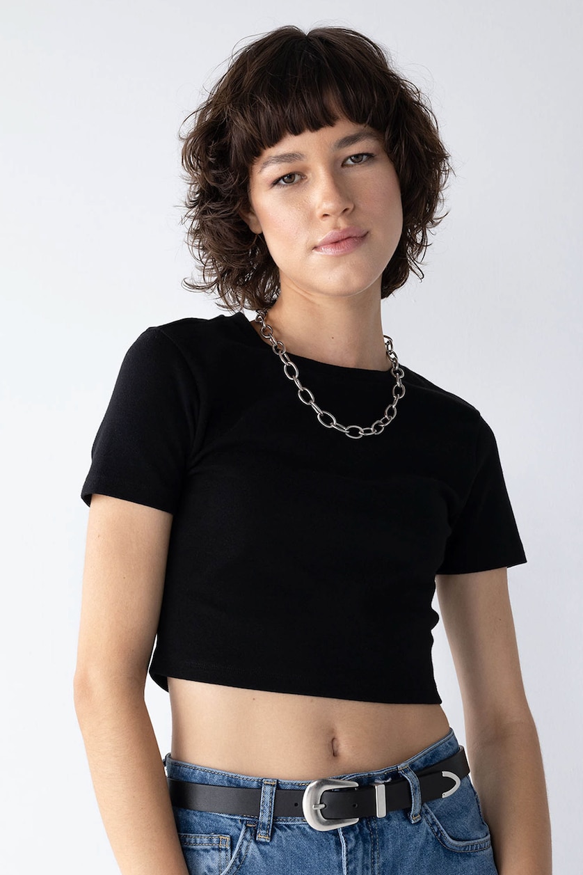 حريمي أسود Slim Fit Ribana Short Sleeve T-Shirt