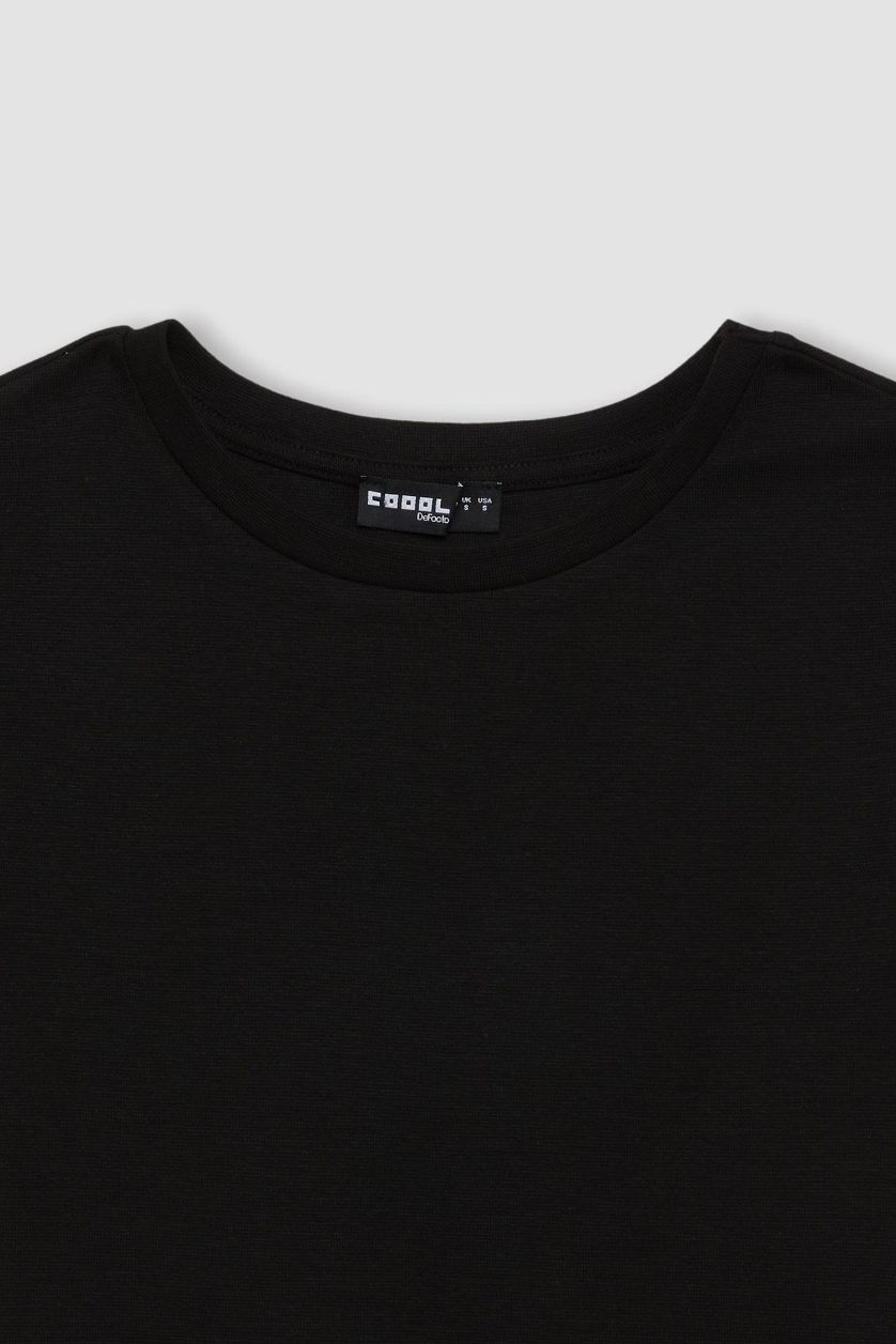 Kadın Siyah Fitted Ribana Basic Düz Crop Kısa Kollu Siyah Tişört