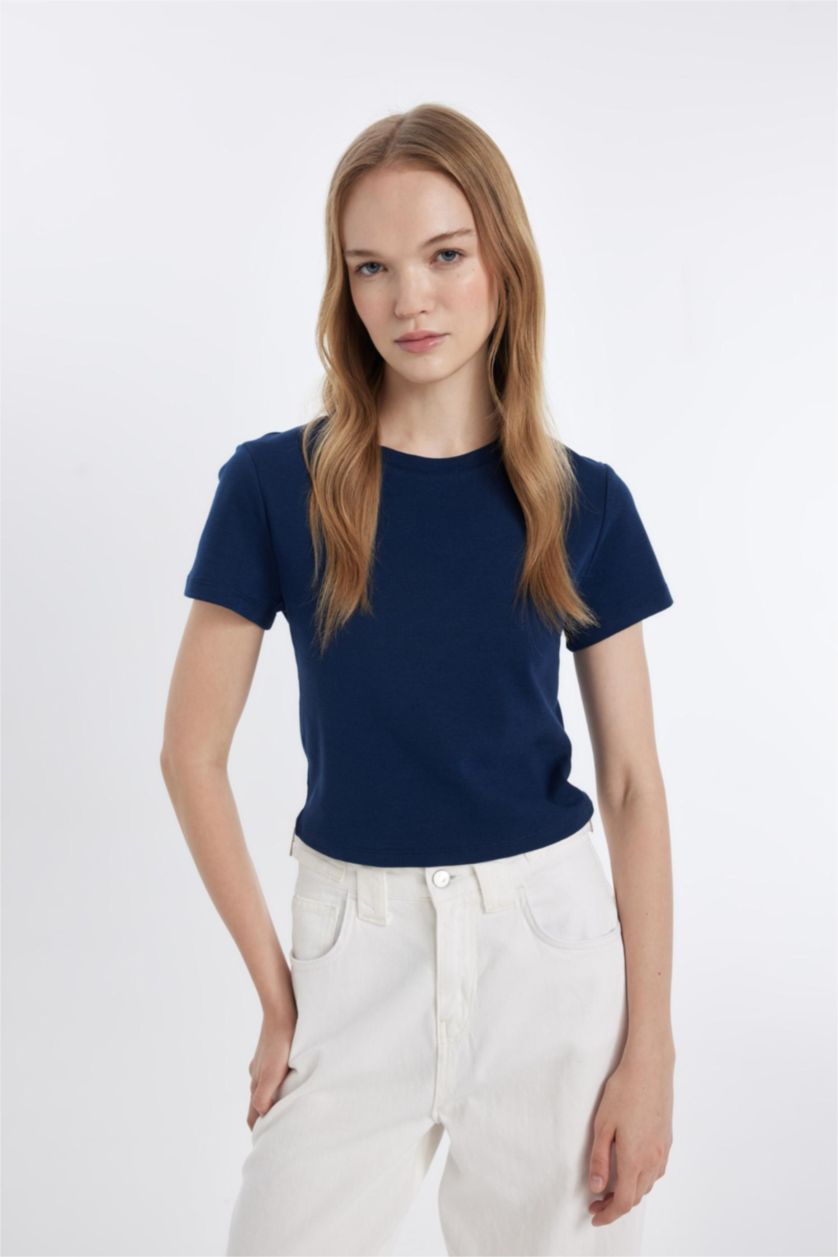 Kadın Lacivert Fıtted Ribana Basıc Tişört