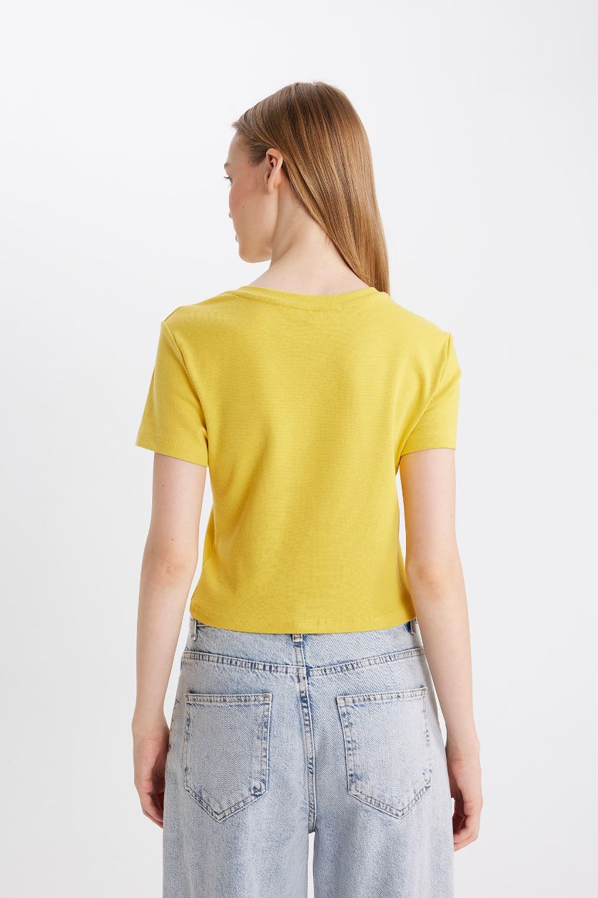 Kadın Sarı Fitted Bisiklet Yaka Ribana Basic Düz Kısa Kollu Tişört