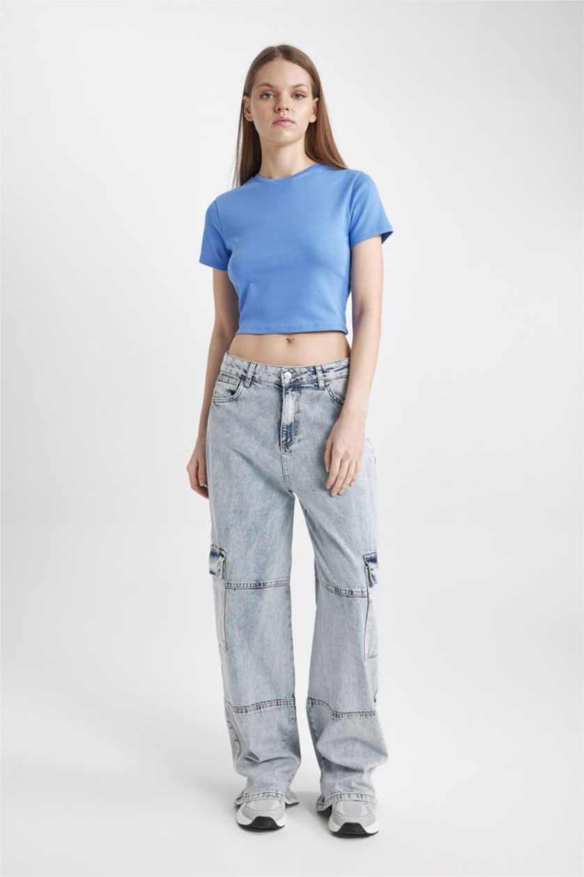 Woman Blue Slim Fit Ribana Short Sleeve T-Shirt